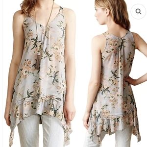 Anthropologie Maeve Magda Sheer Ruffled Tunic Top V Neck Sleeveless Floral XS